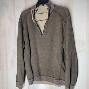 Tommy Bahama tan brown 1/4 zip long‎ sleeve sweater pullover, size XL